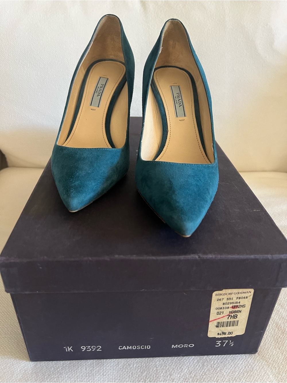 Prada Teal Suede Pointed-Toe Pumps